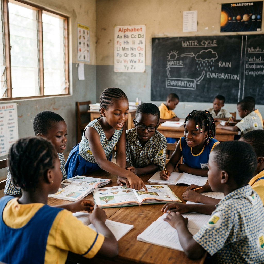 Group of children engaged in study with books and notebooks in a classroom.