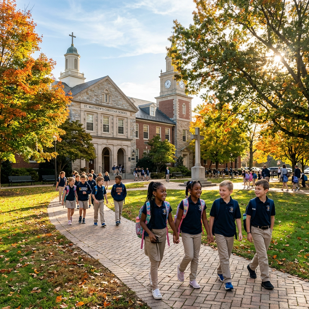 Elementary school students walking on a paved path with backpacks outside St. Matthew's Christian School in fall